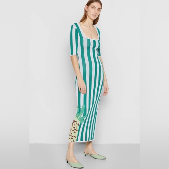 STAUD Bermuda Green White Striped Compact-Knit Dress Size L - Picture 4 of 15